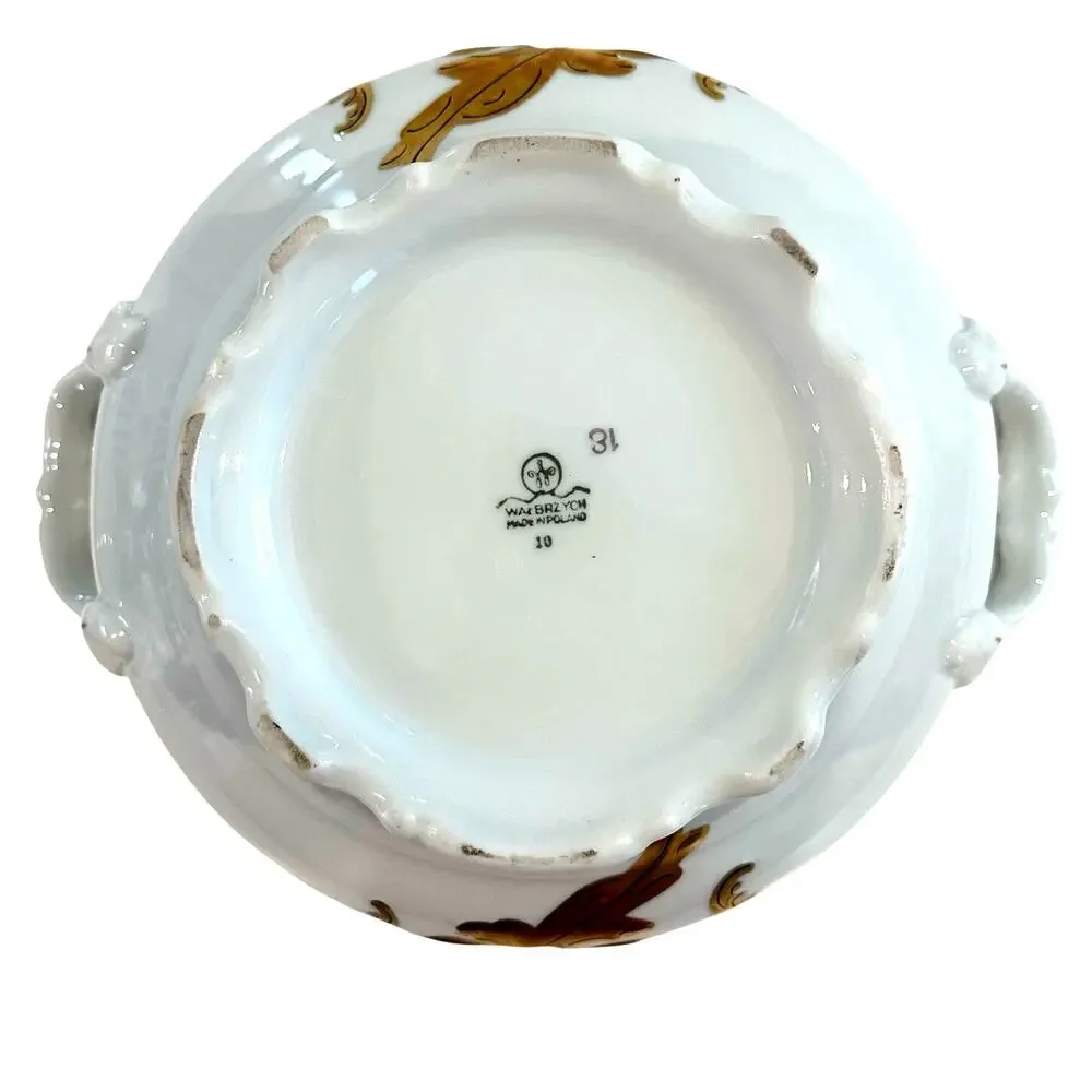 Walbrzych Poland Serving Dish w/Lid White Heavy Gold Scrolls-Rare-Excellent !